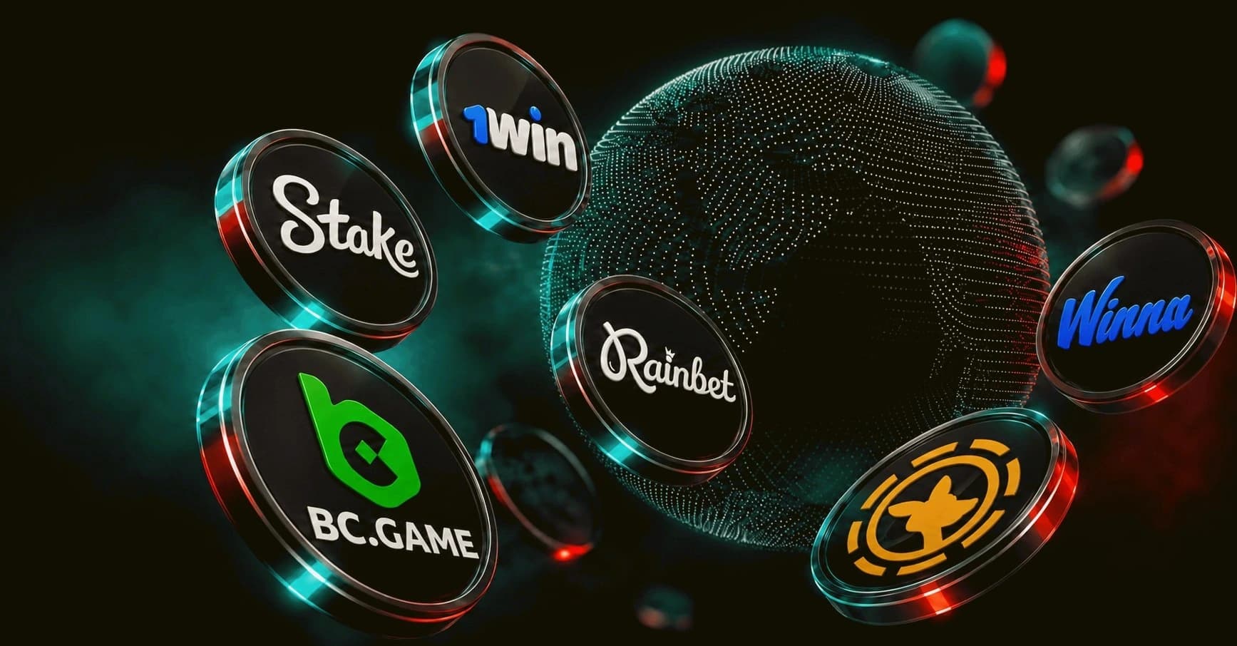Crypto casino brands surrounding a digital globe