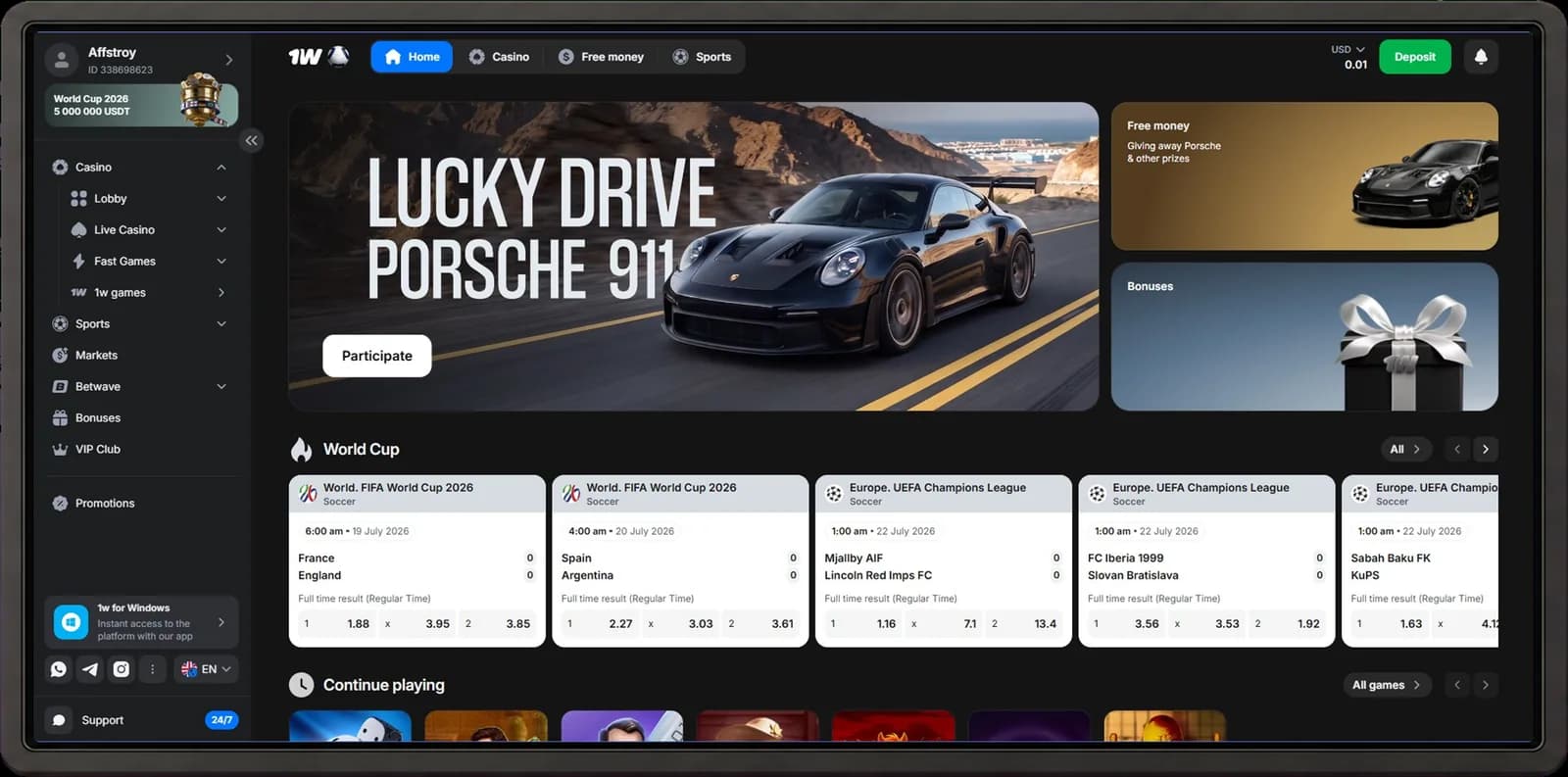 1win desktop casino interface