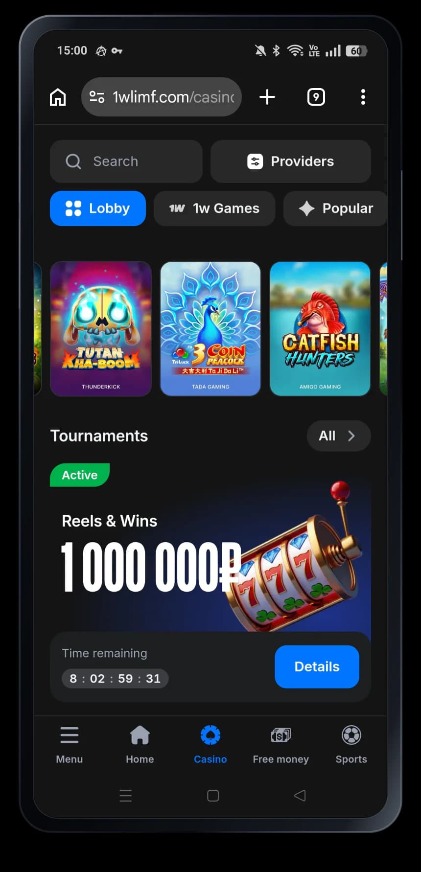 1win mobile casino interface