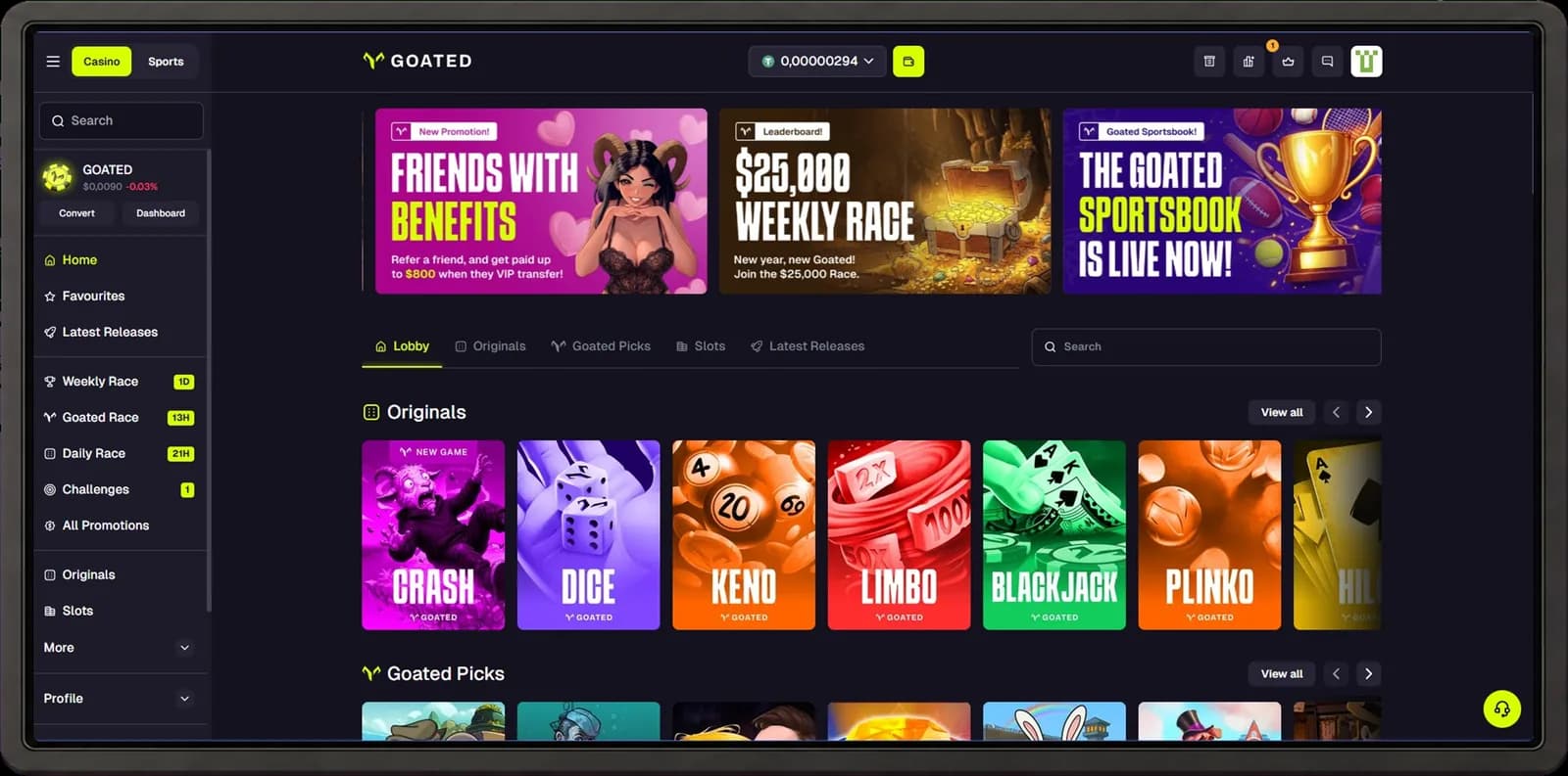 GOATED desktop casino interface