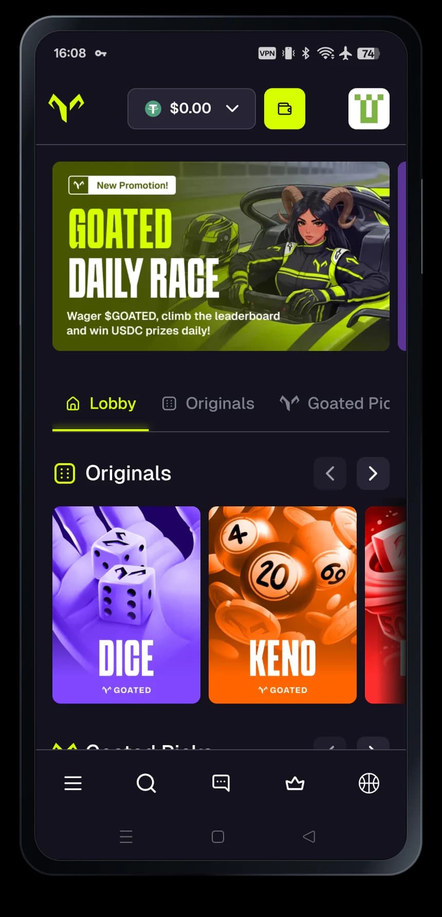 GOATED mobile casino interface