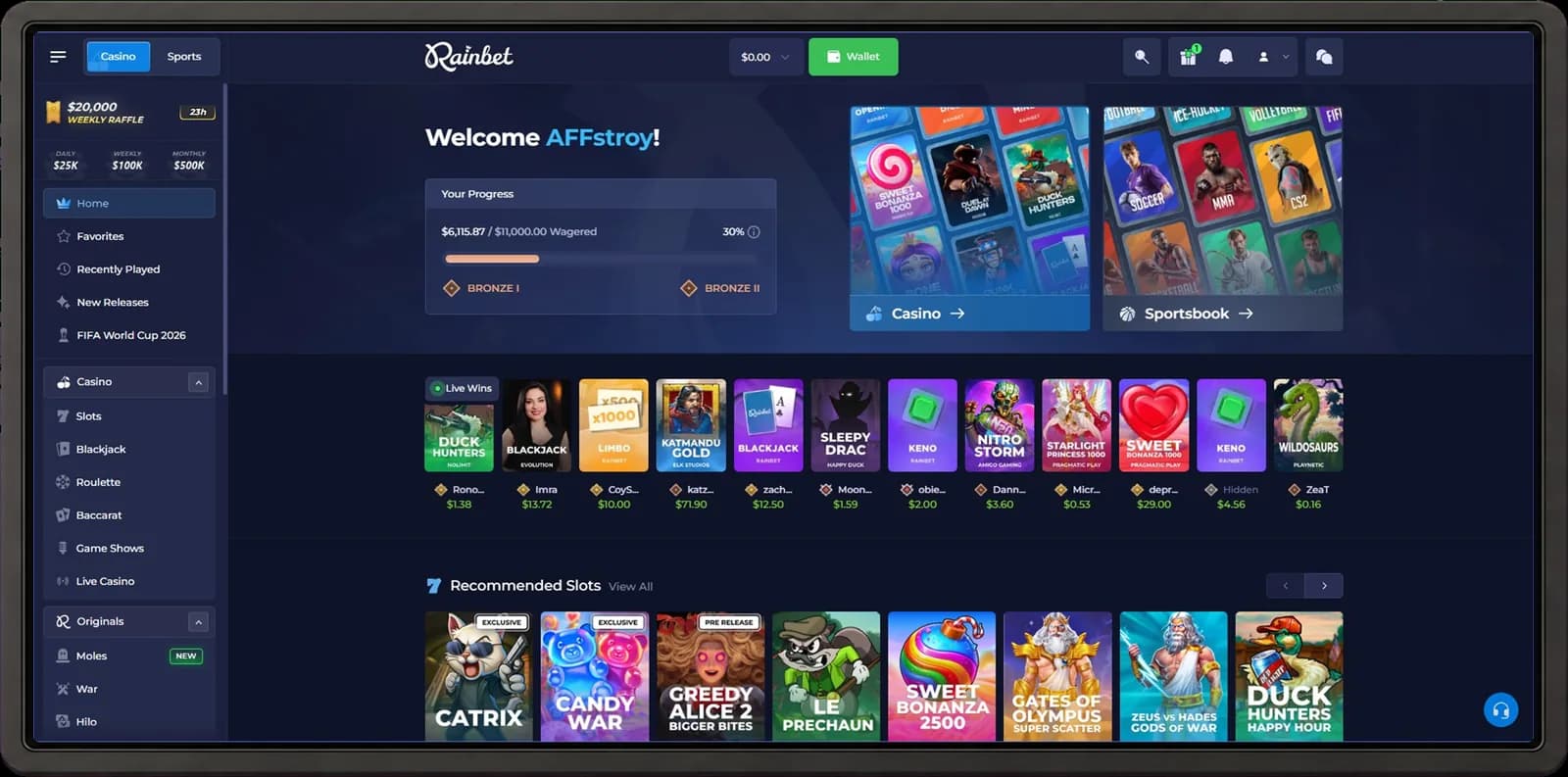Rainbet desktop casino interface