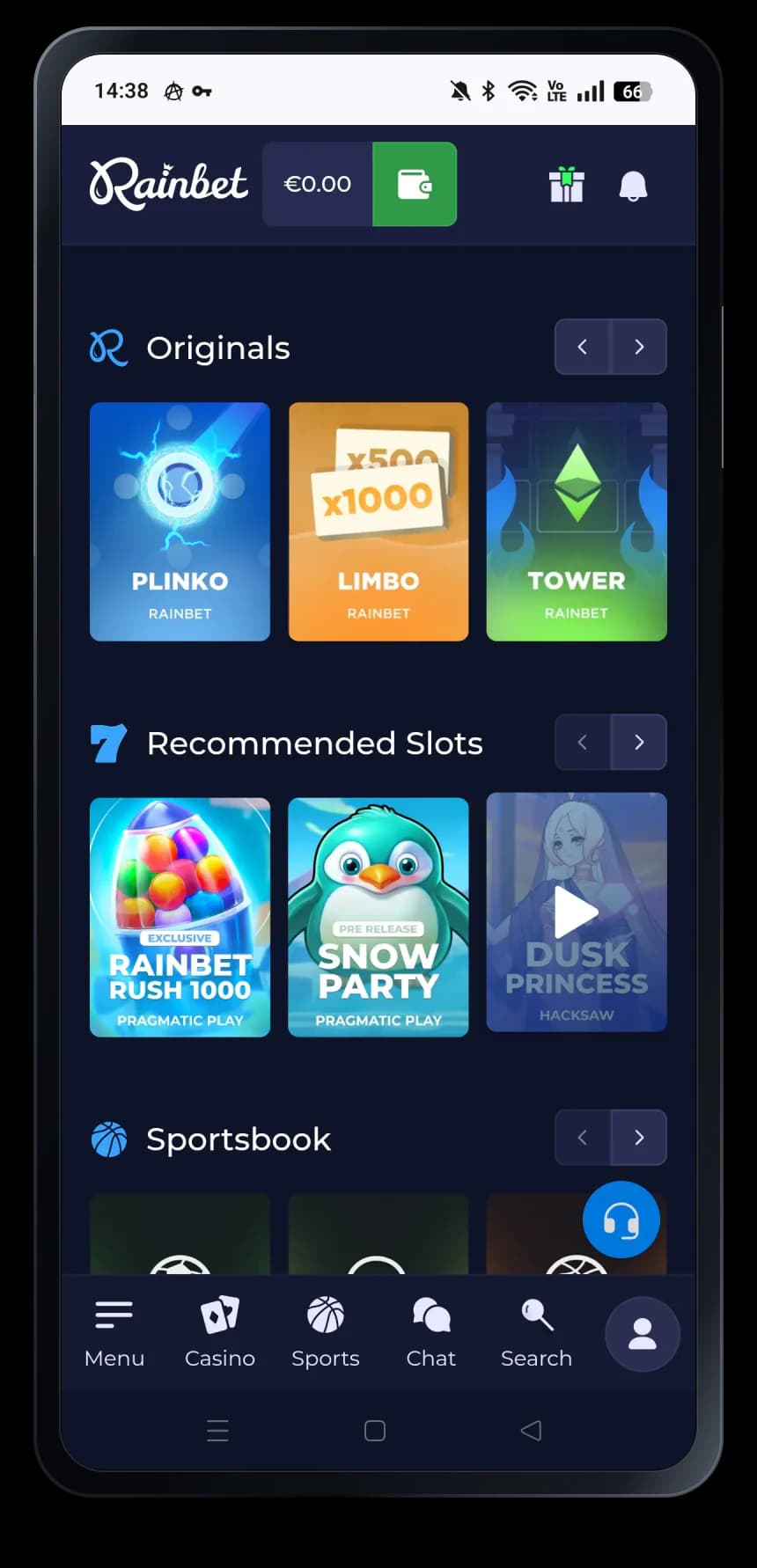 Rainbet mobile casino interface