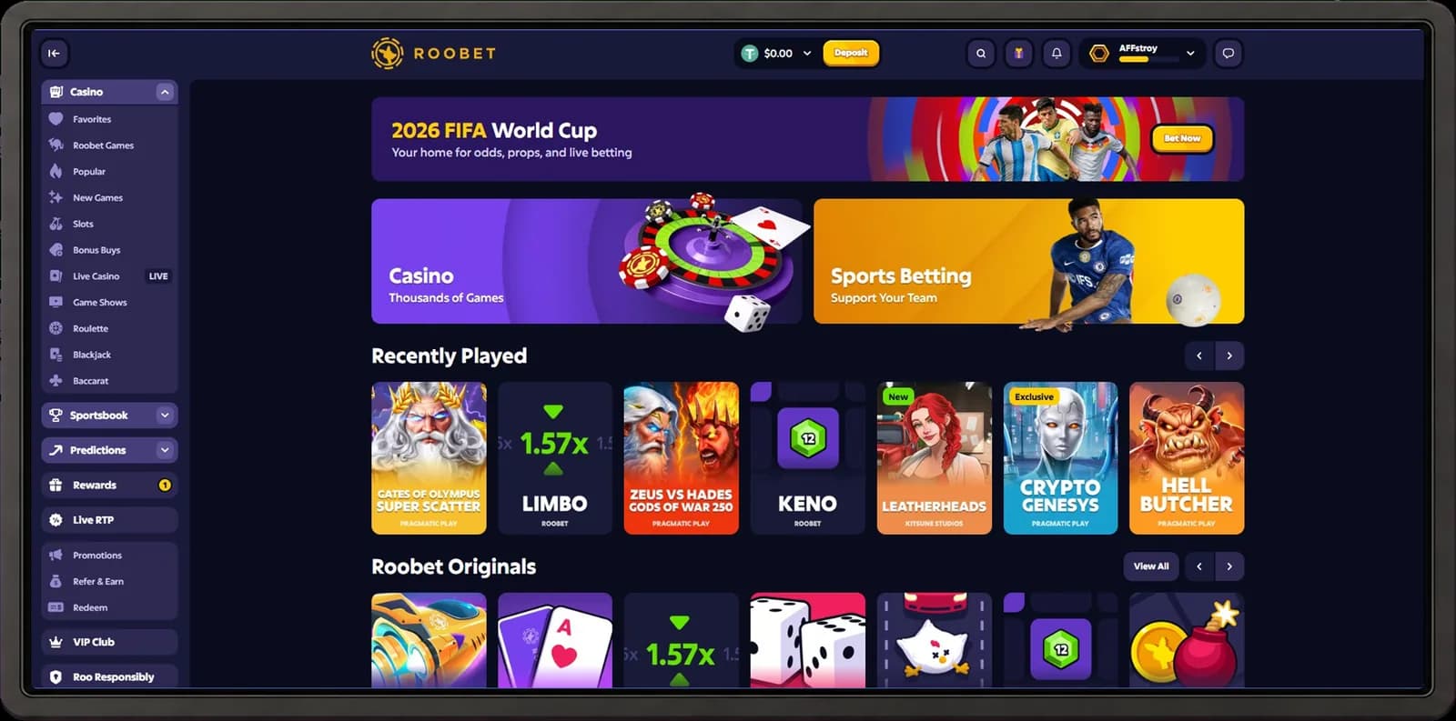 Roobet desktop casino interface