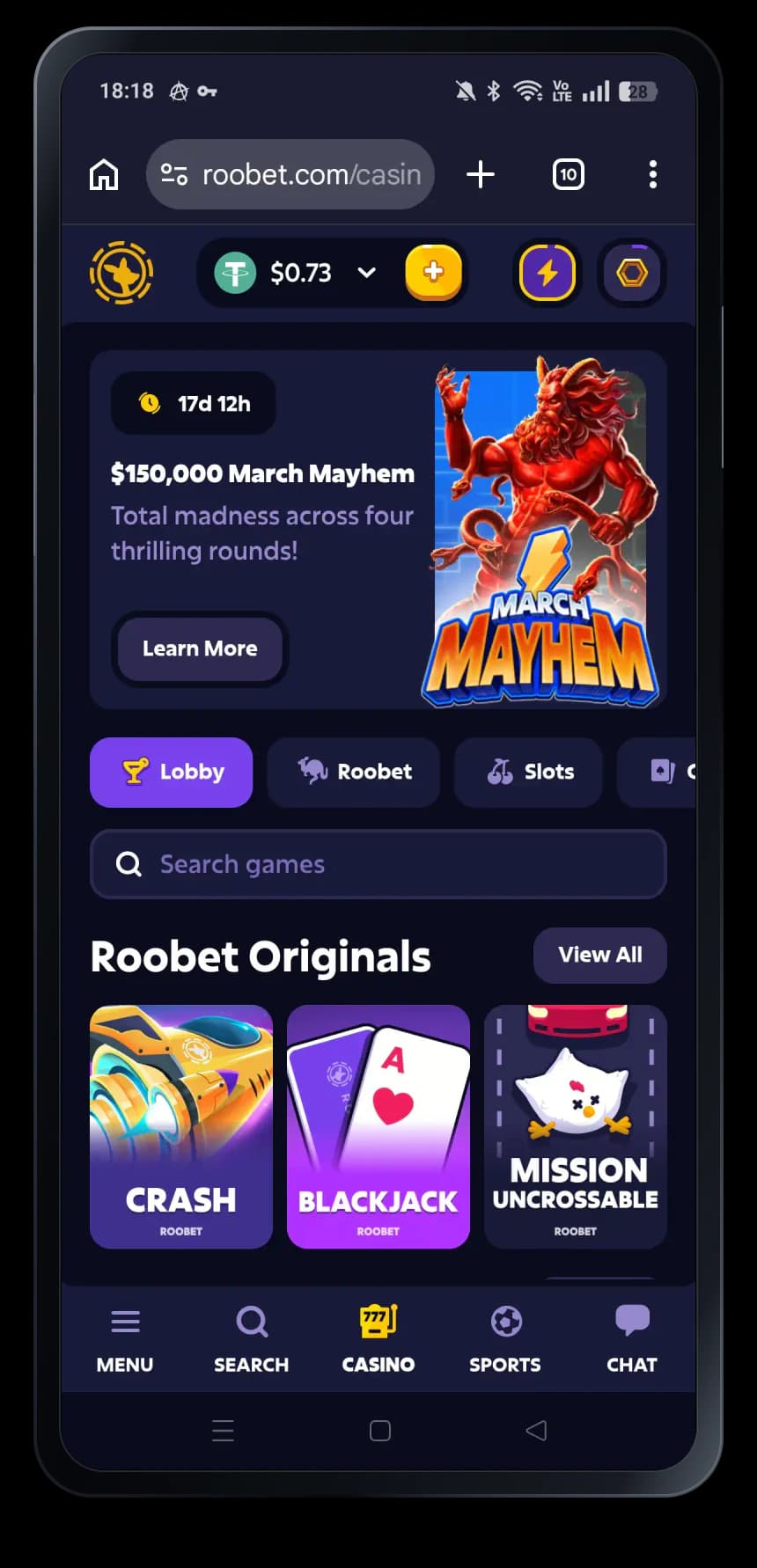 Roobet mobile casino interface