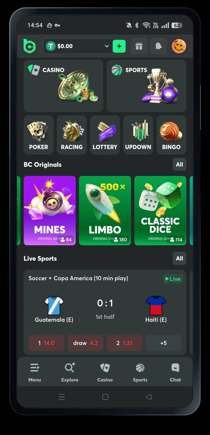 BC.GAME mobile casino interface