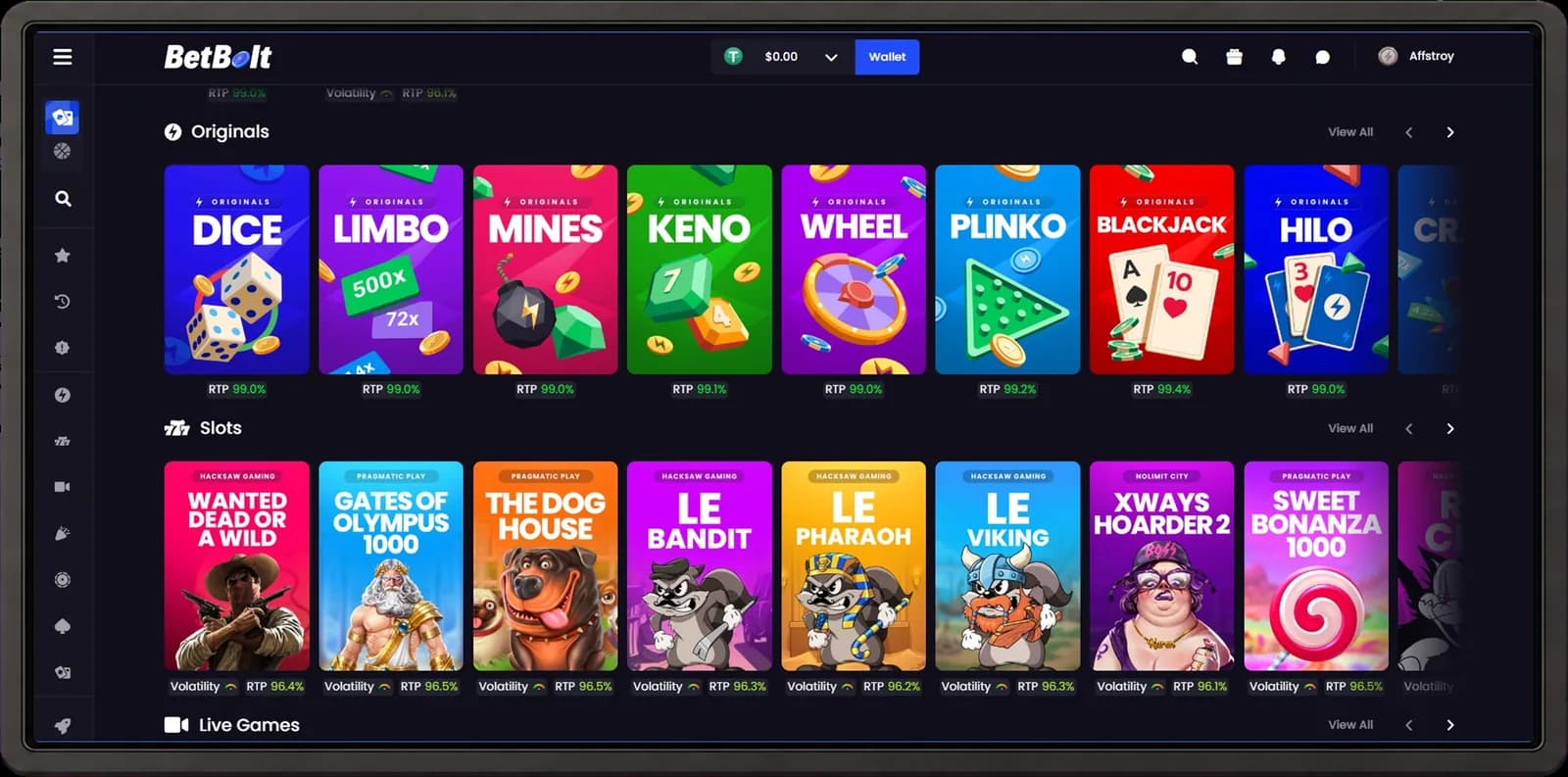 BetBolt desktop casino interface