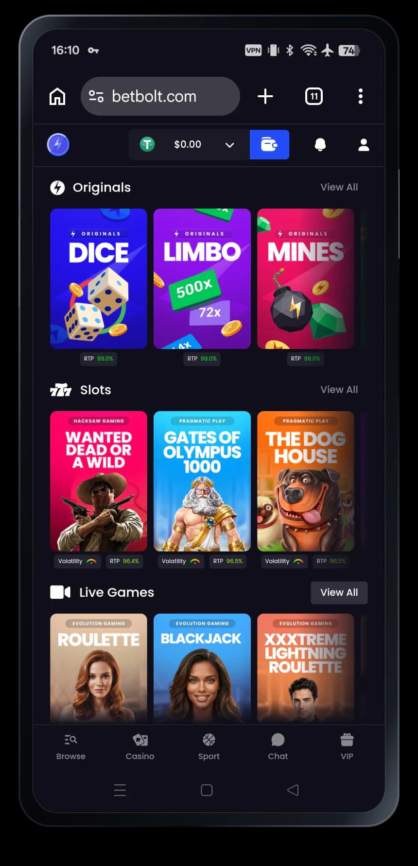 BetBolt mobile casino interface