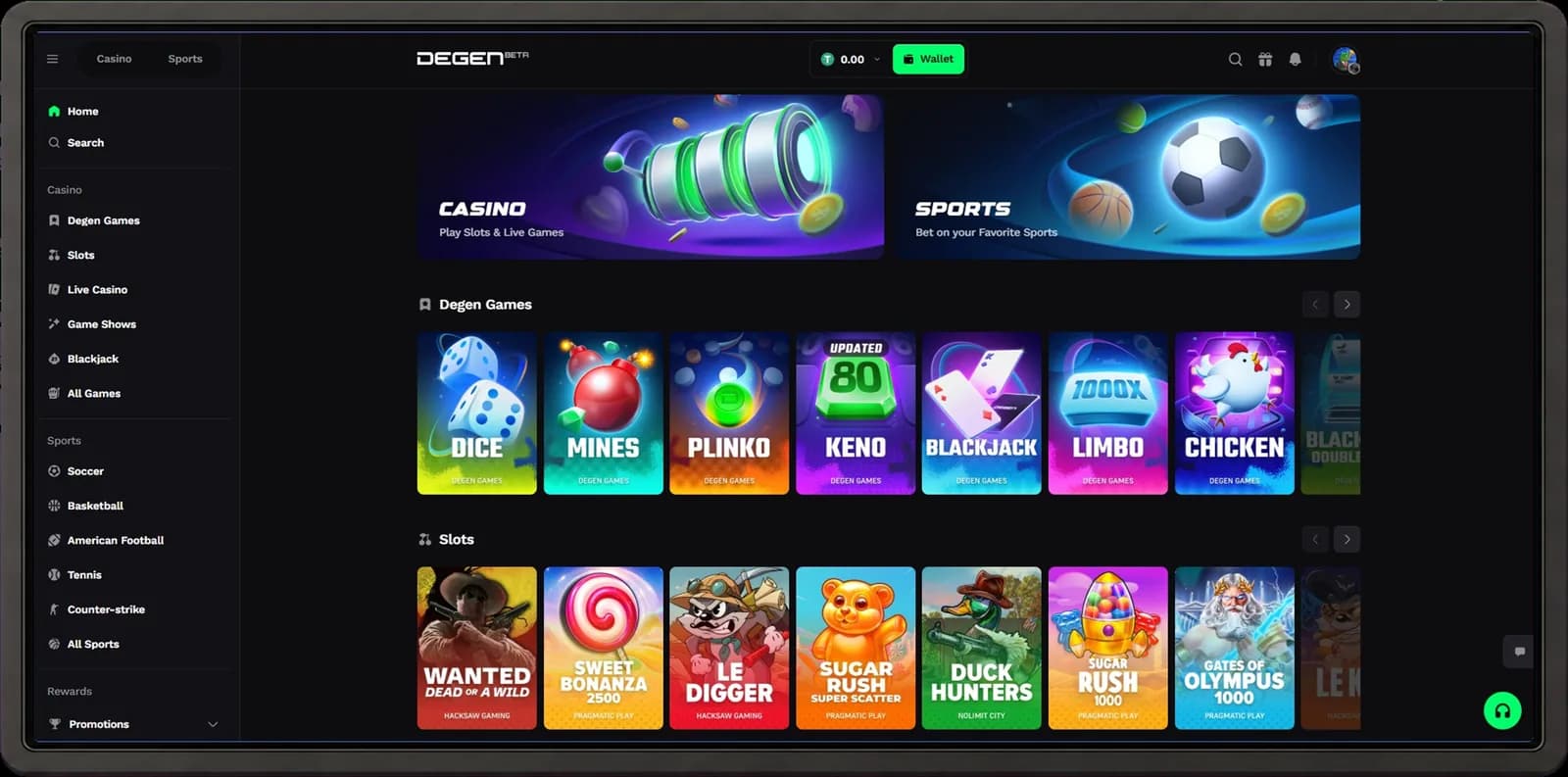 Degen desktop casino interface