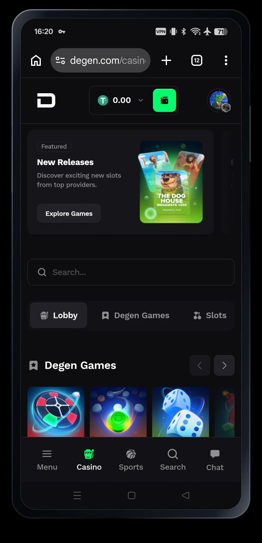 Degen mobile casino interface