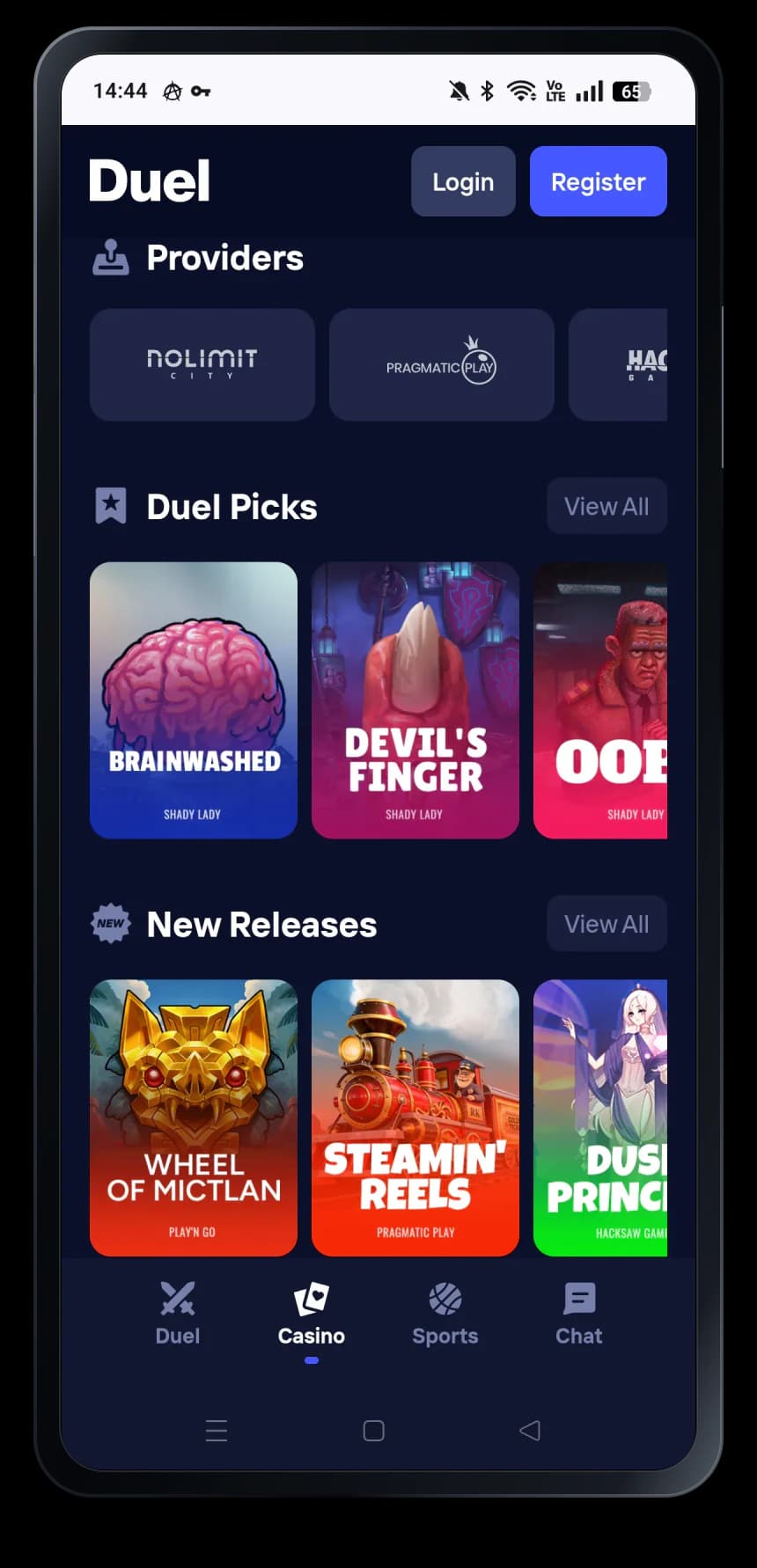 Duel mobile casino interface