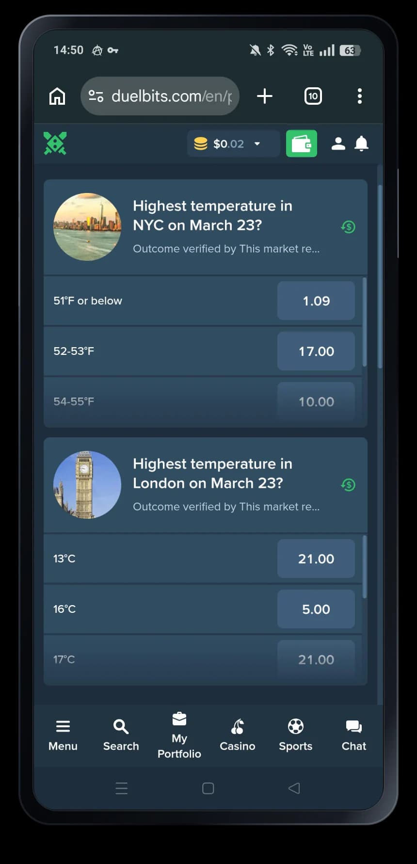 Duelbits mobile casino interface