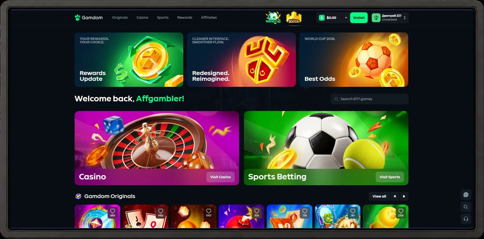 Gamdom desktop casino interface