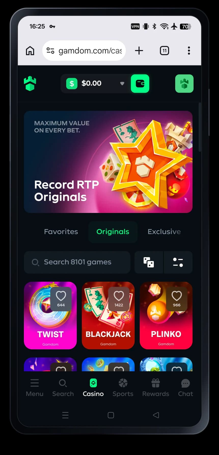 Gamdom mobile casino interface