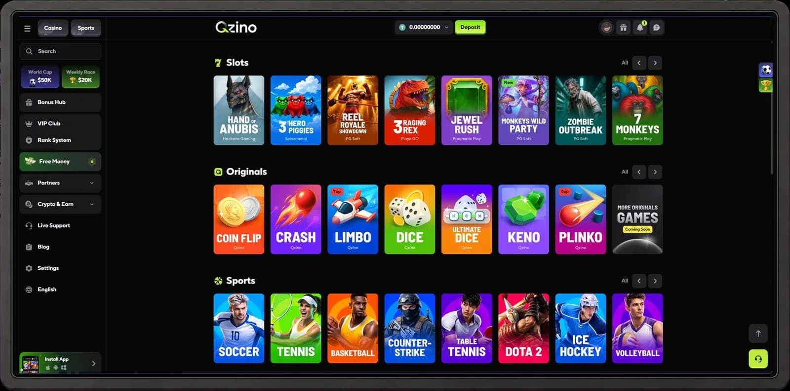 Qzino desktop casino interface