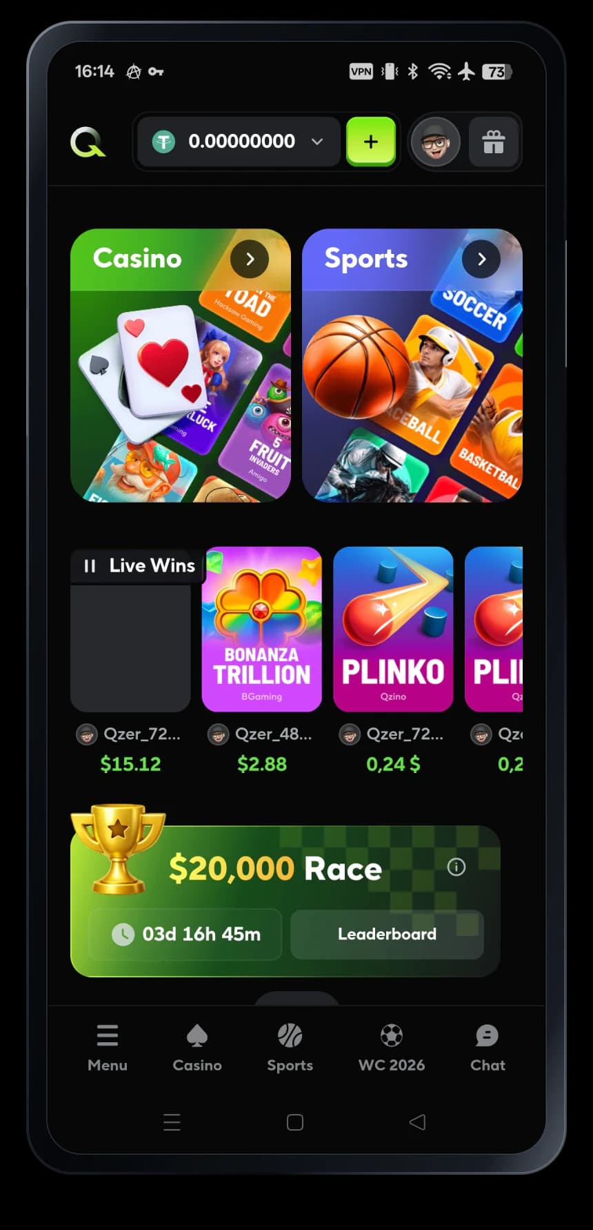 Qzino mobile casino interface