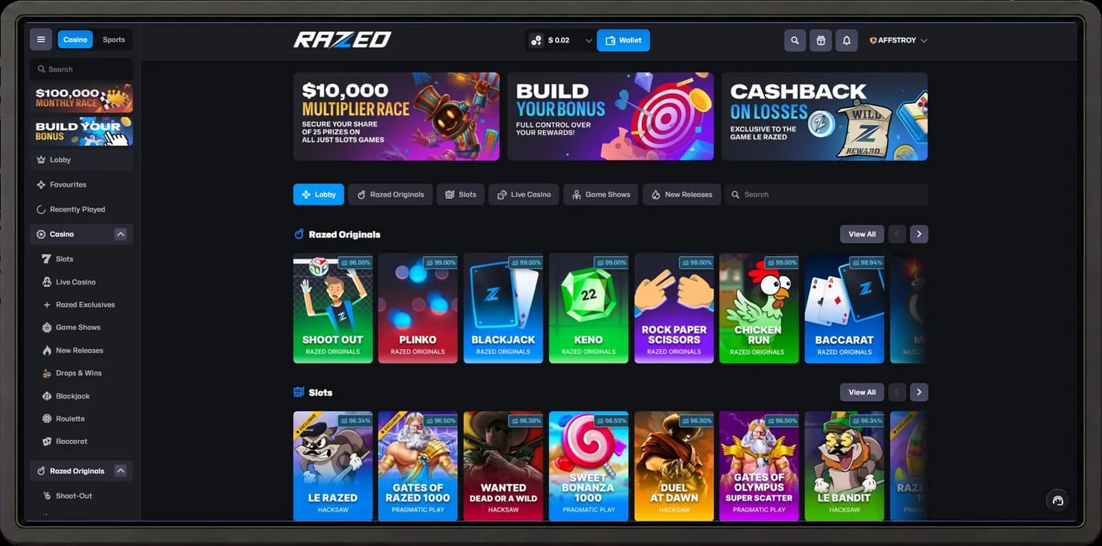 Razed desktop casino interface