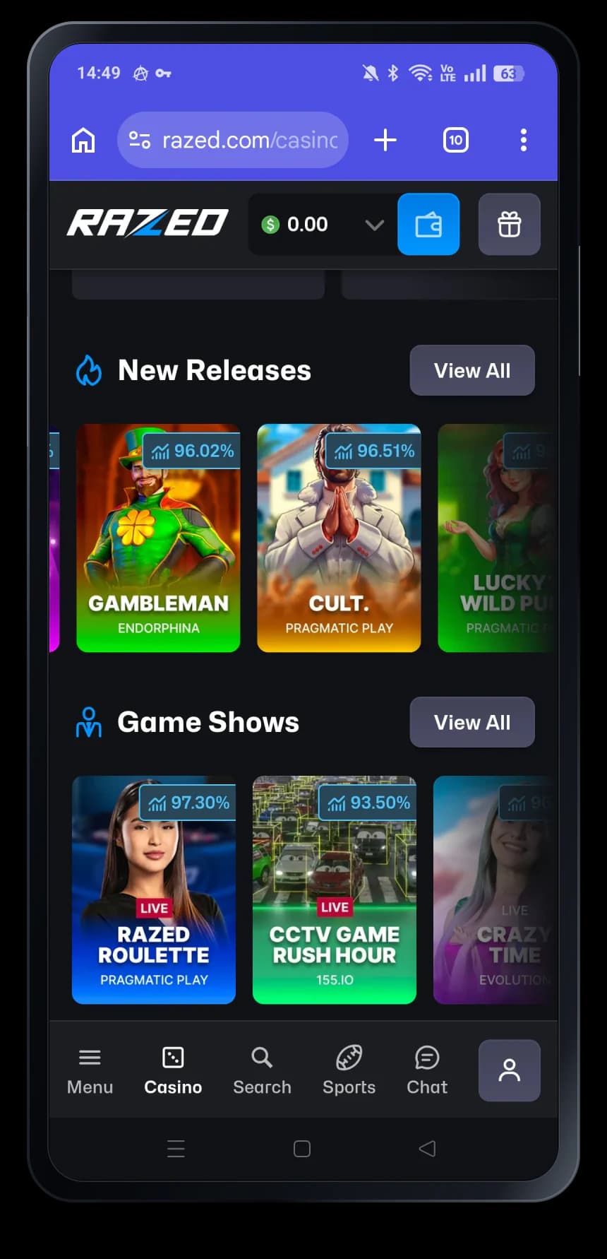 Razed mobile casino interface