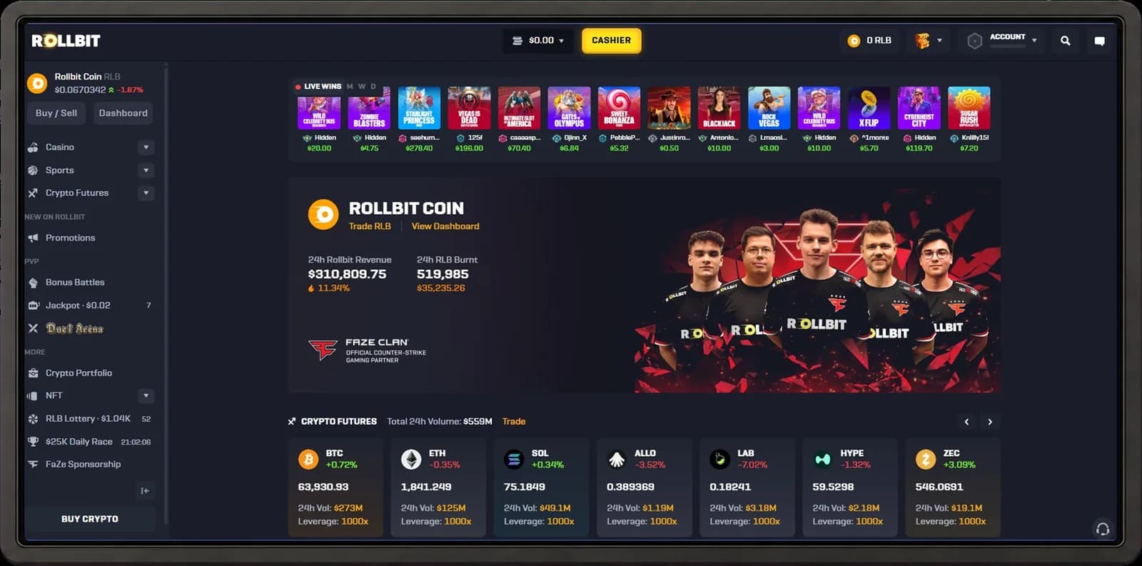 Rollbit desktop casino interface