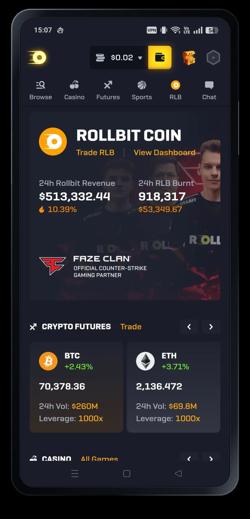 Rollbit mobile casino interface