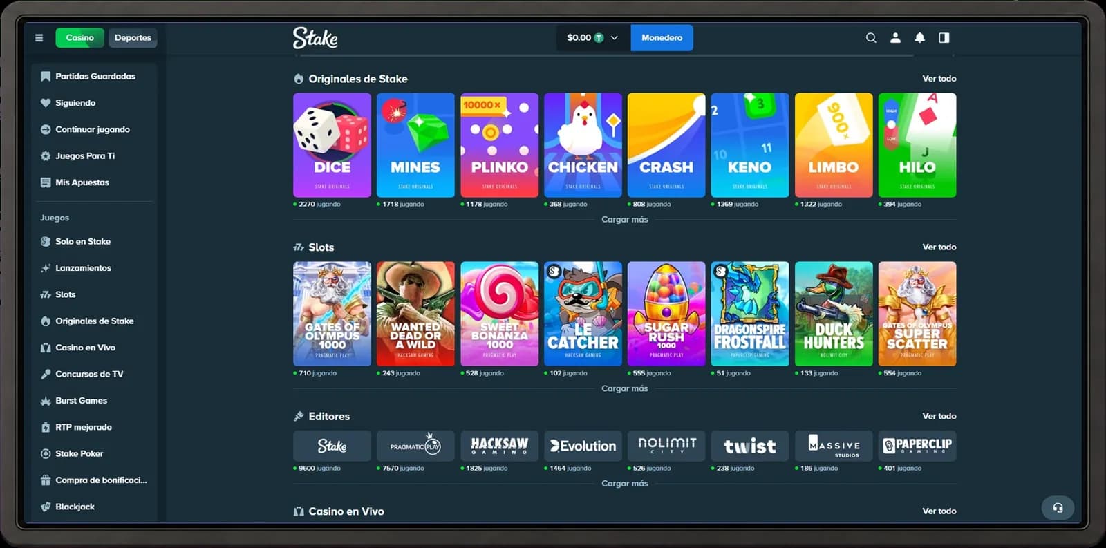 Stake desktop casino interface