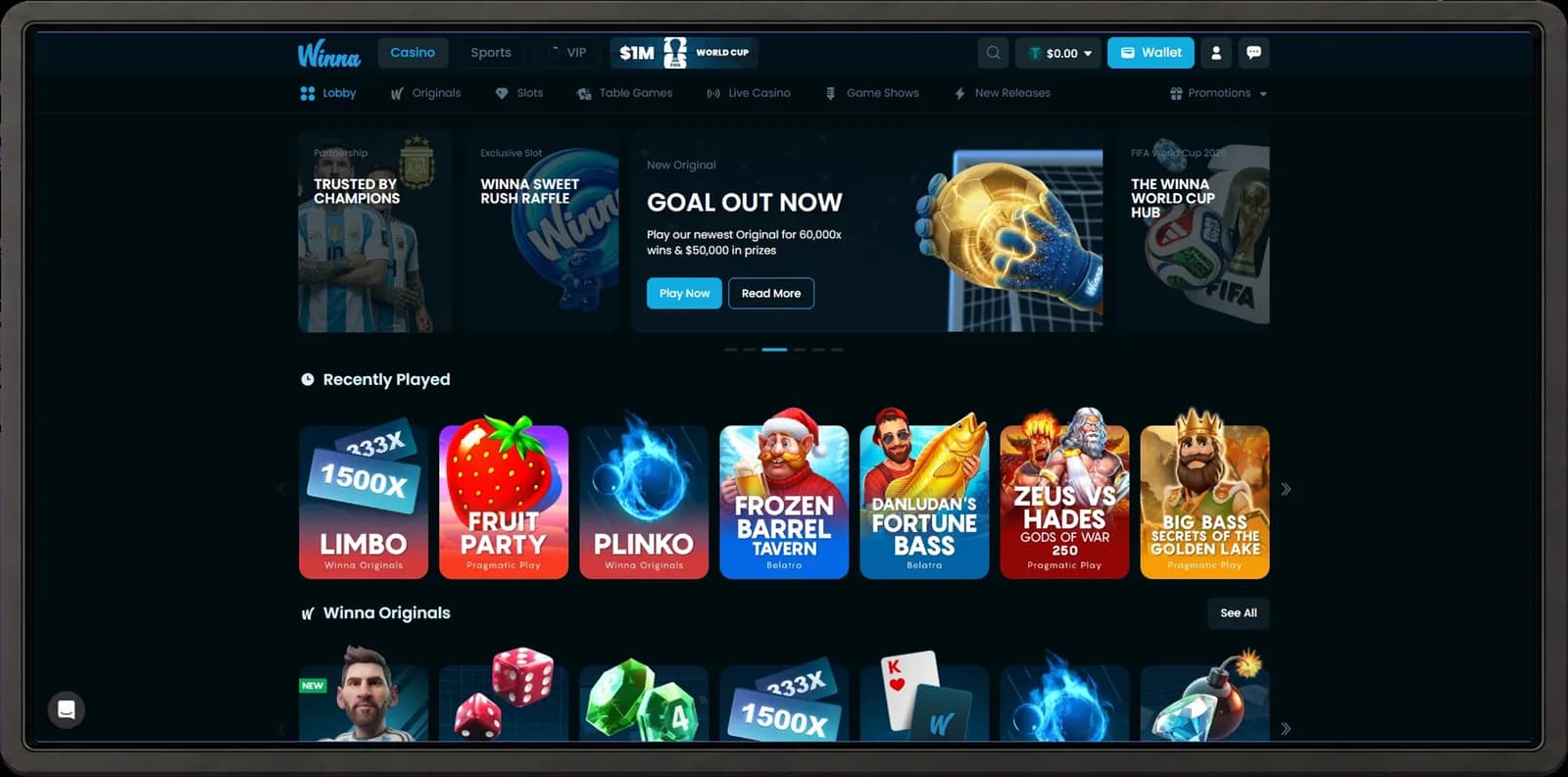 Winna desktop casino interface