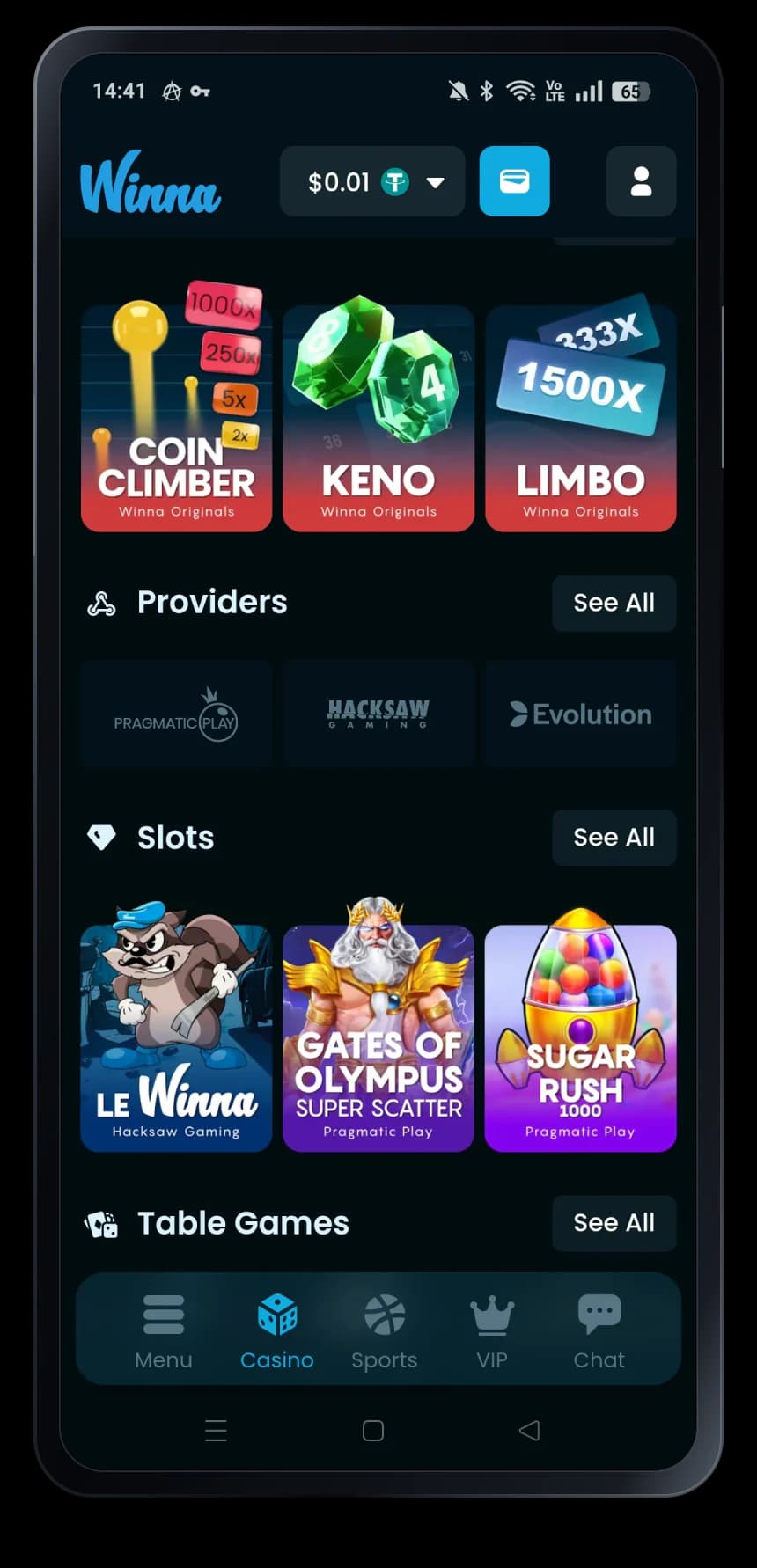 Winna mobile casino interface